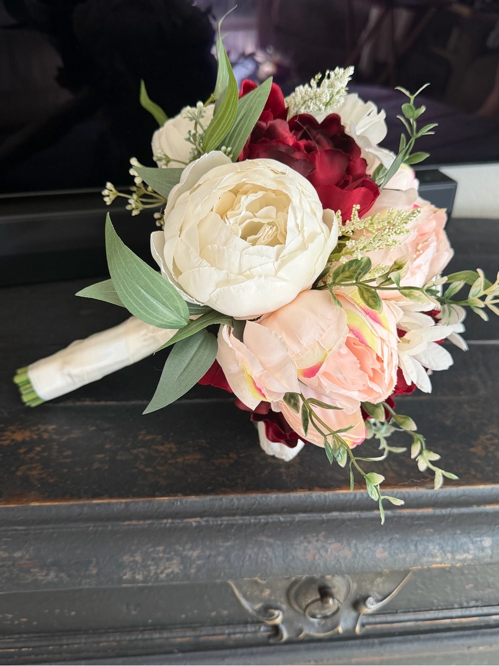 Silk Bridal/Bridesmaid Bouquet - Ivory, Blush & Burgundy Floral Arrangement